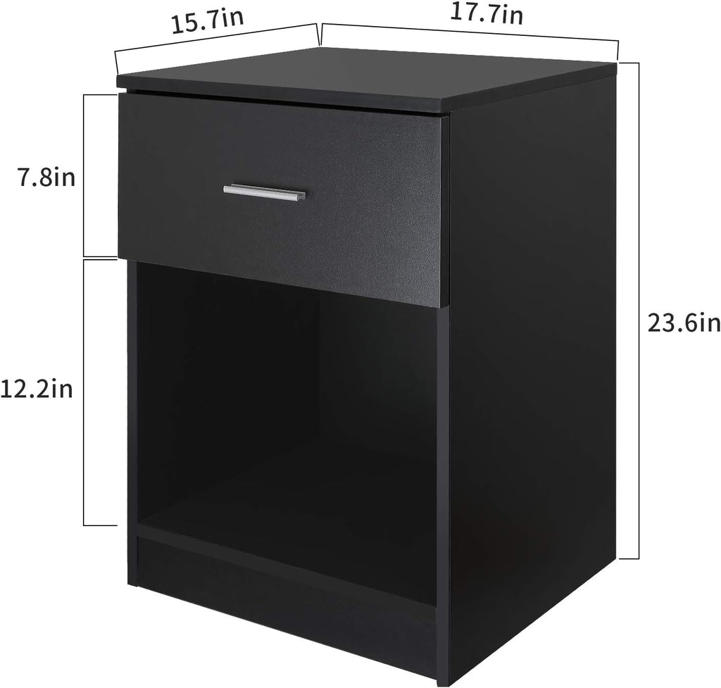 Black Nightstand with Drawer and Shelf U669