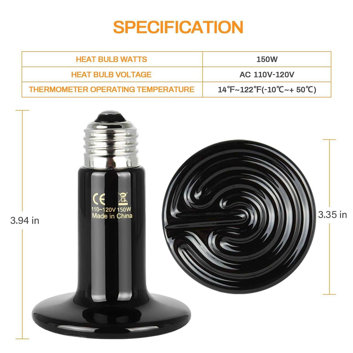 150W Ceramic Heat Emitter Reptile Heat Lamp A8347