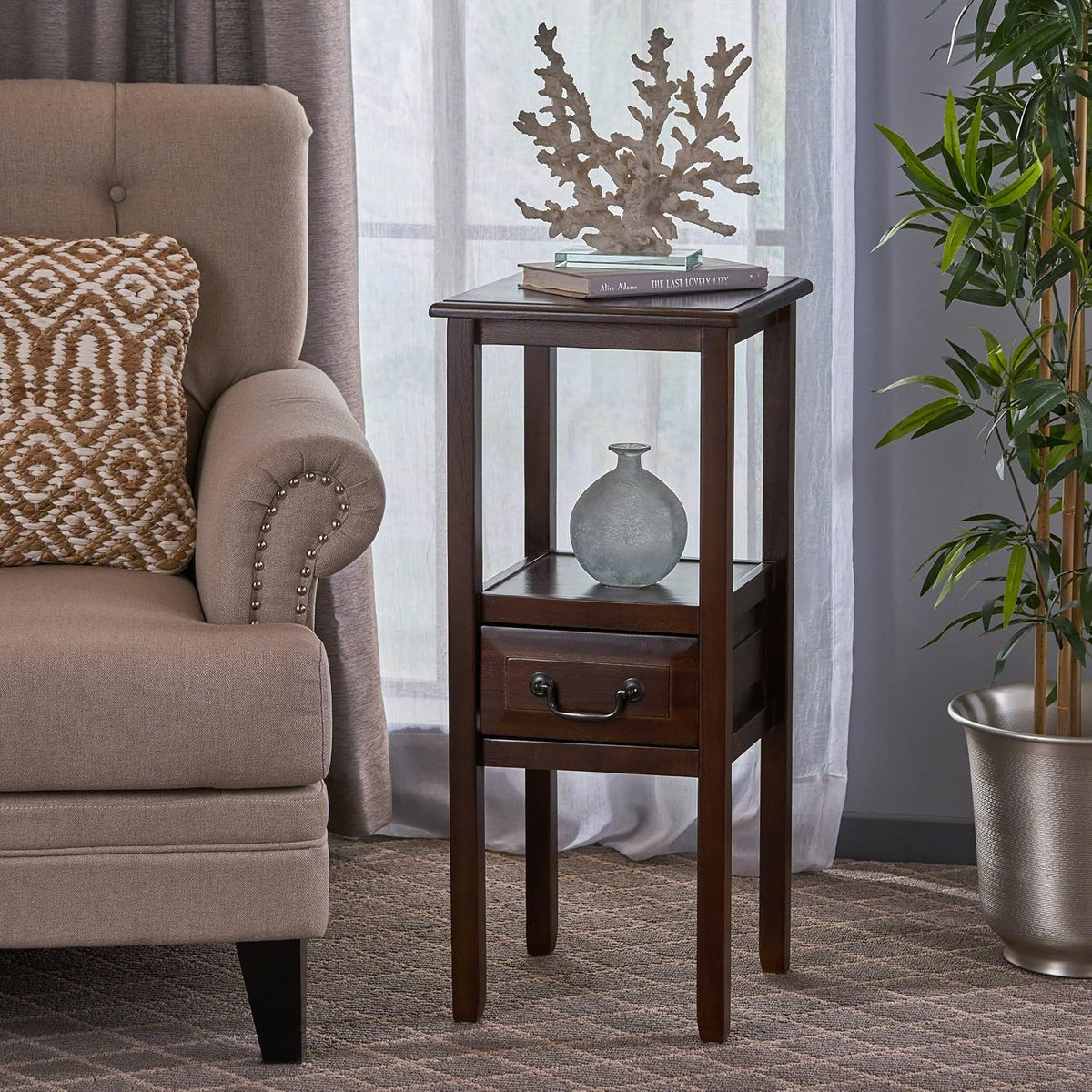 Brown Mahogany Acacia Wood Accent Table Y8544