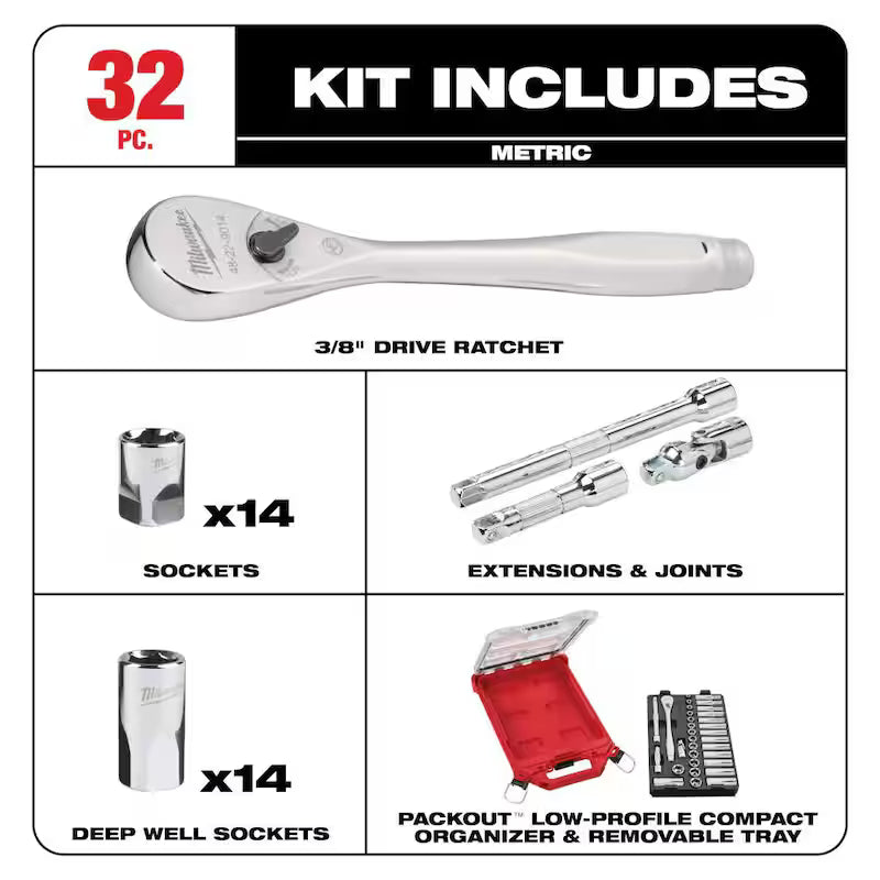 3/8 in. Drive Metric Ratchet and Socket Tool Set 32-Piece B474