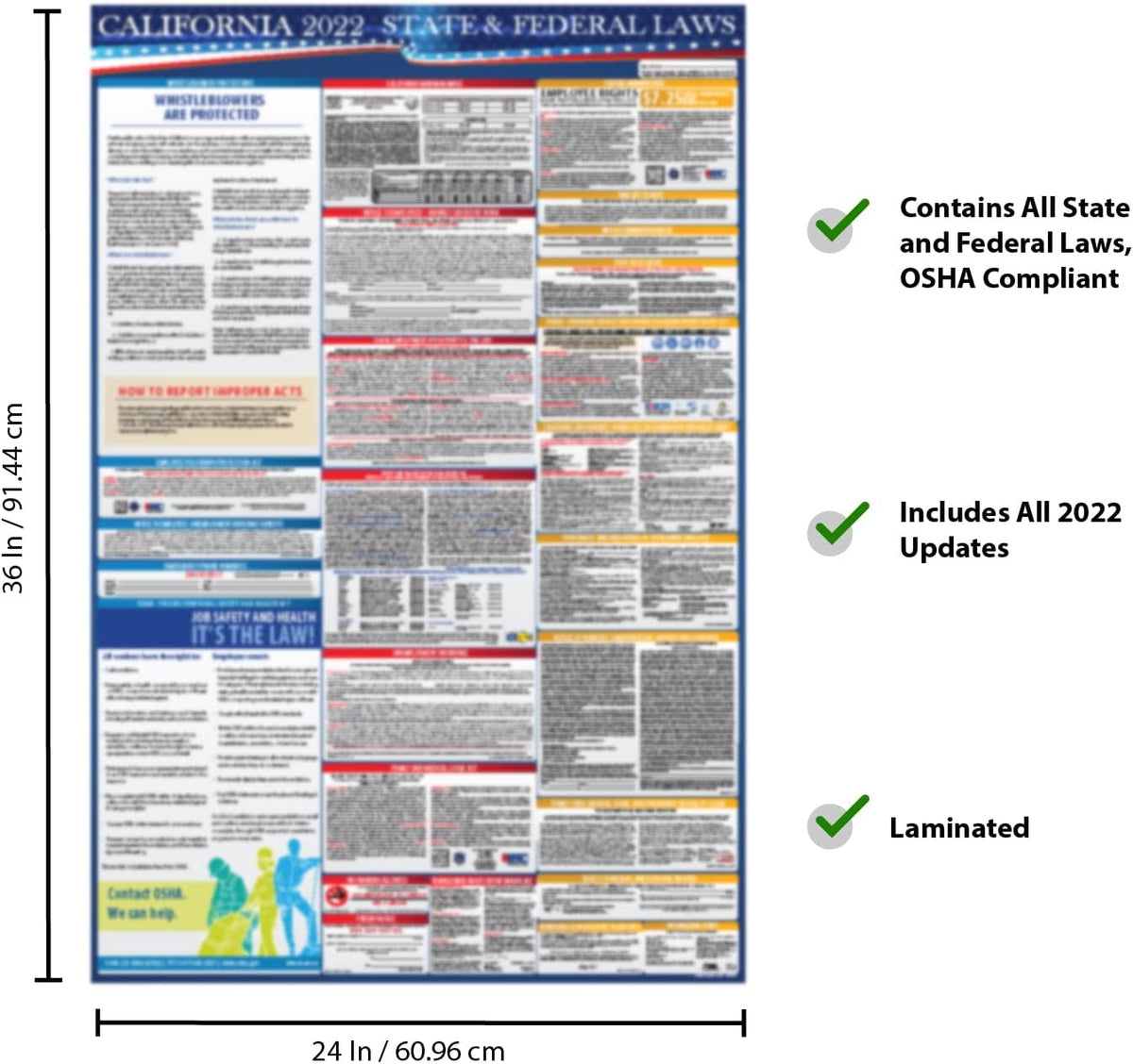 California State and Federal Labor Laws Poster English & Spanish 24 x 36 Laminated F3077