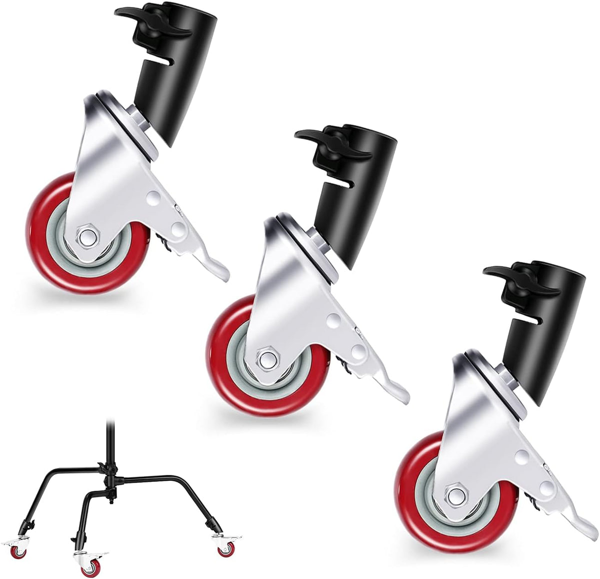 3-Pack Swivel Caster Wheels Set with 75mm Diameter Metal Rubber Black Y66098