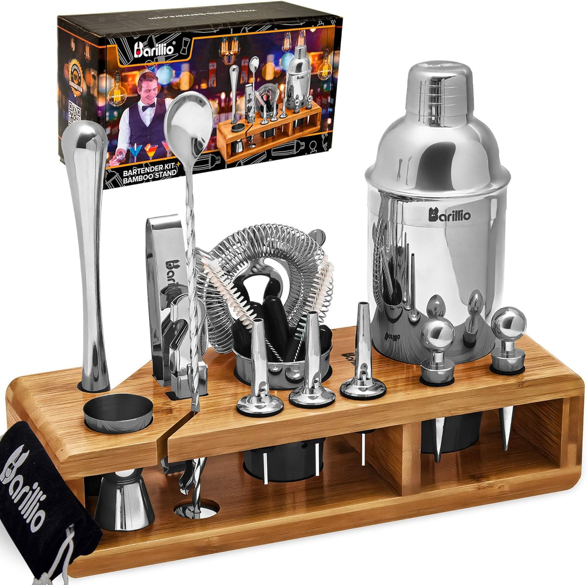 23-Piece Stainless Steel Bartender Kit with Bamboo Stand Q1414