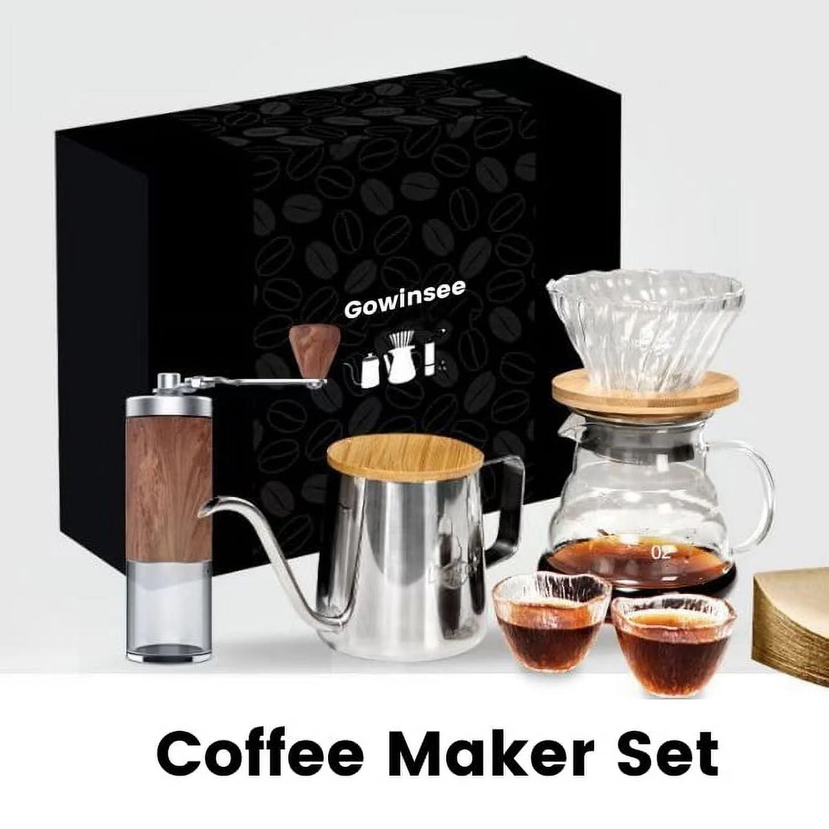 Pour Over Coffee Maker 7pcs Gift Set with Manual Grinder, Kettle, Dripper, Cups, Filters B147964