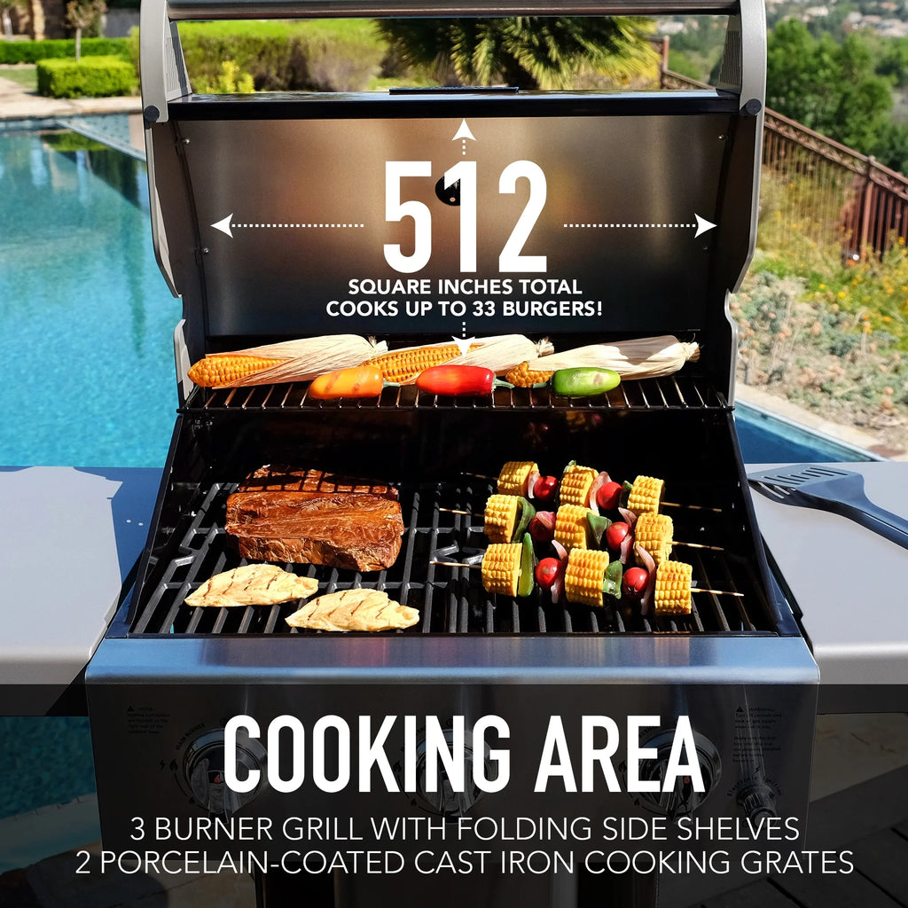 3-Burner Compact Propane Gas Grill with Foldable Side Tables G845990