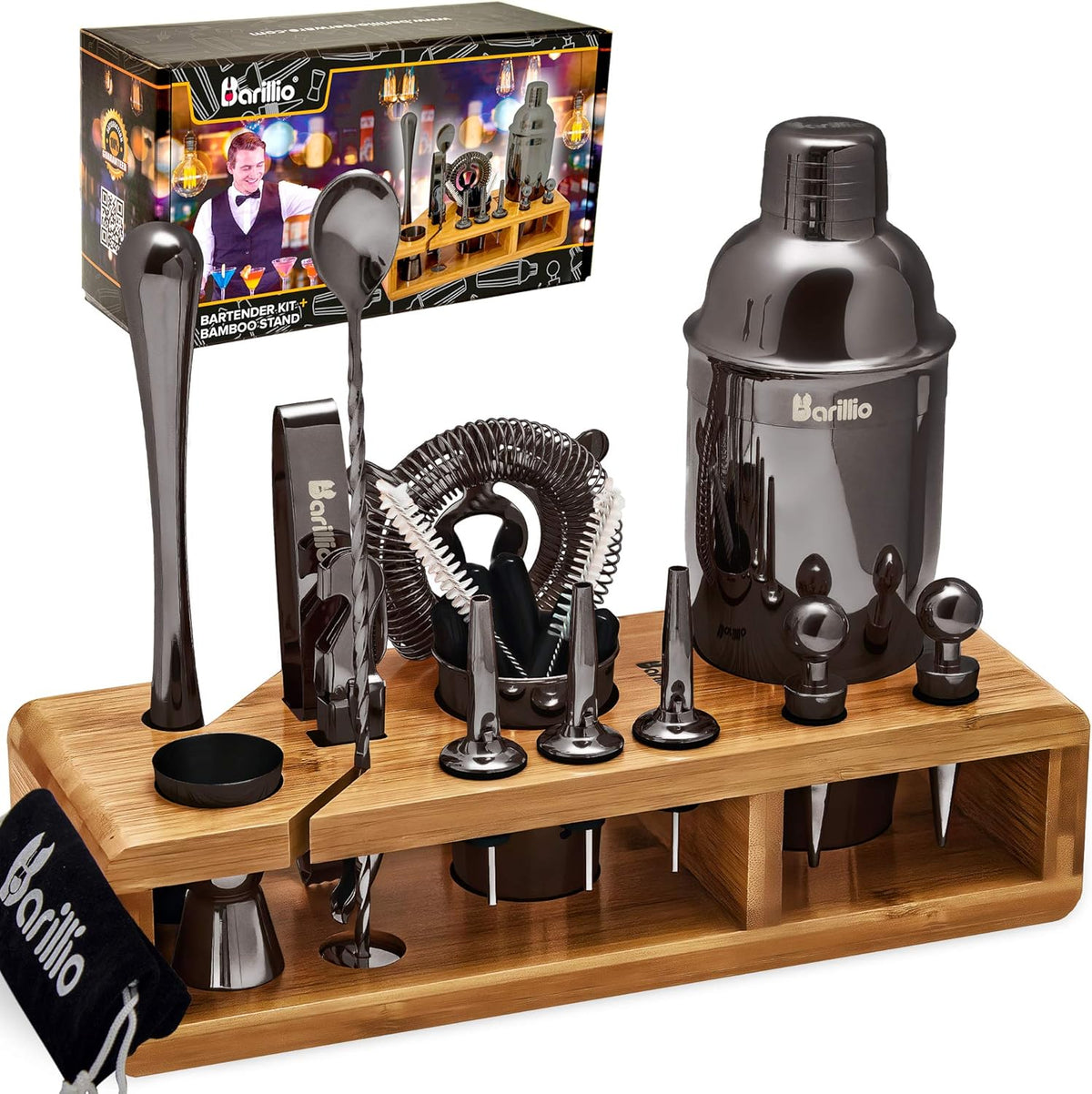 23-Piece Stainless Steel Bartender Kit with Bamboo Stand Q1414