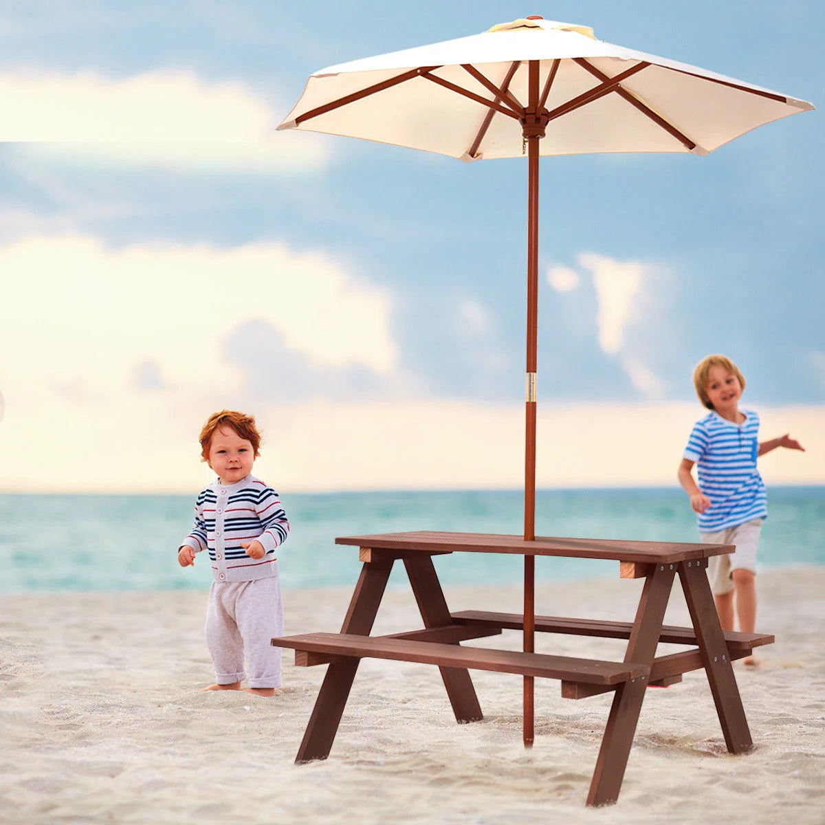 Children Outdoor 4 Seat Kids Picnic Table Bench with Folding Umbrella Z801