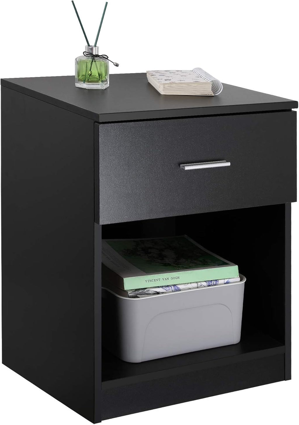 Black Nightstand with Drawer and Shelf U669