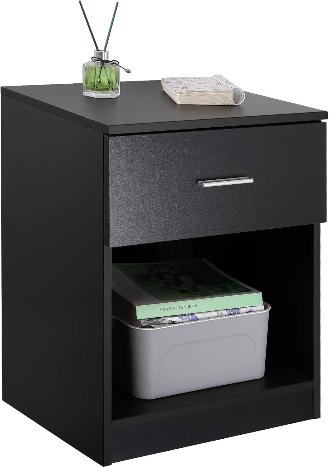 Black Nightstand with Drawer and Shelf U669