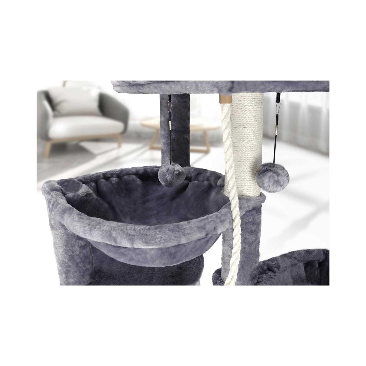 Three Layer Cat Tree with Cat Condo and Two Hammocks, Grey J39230