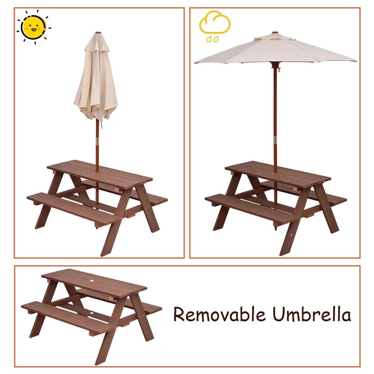 Children Outdoor 4 Seat Kids Picnic Table Bench with Folding Umbrella Z801