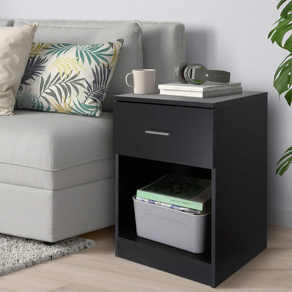 Black Nightstand with Drawer and Shelf U669