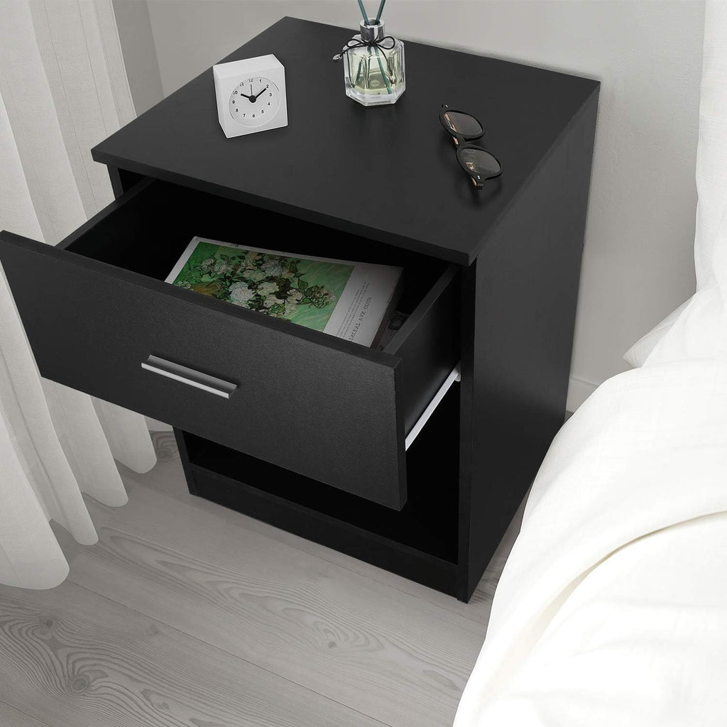 Black Nightstand with Drawer and Shelf U669
