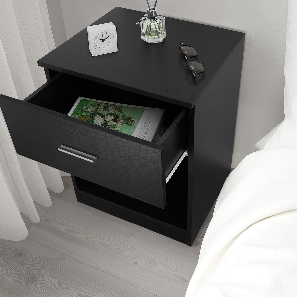 Black Nightstand with Drawer and Shelf U669