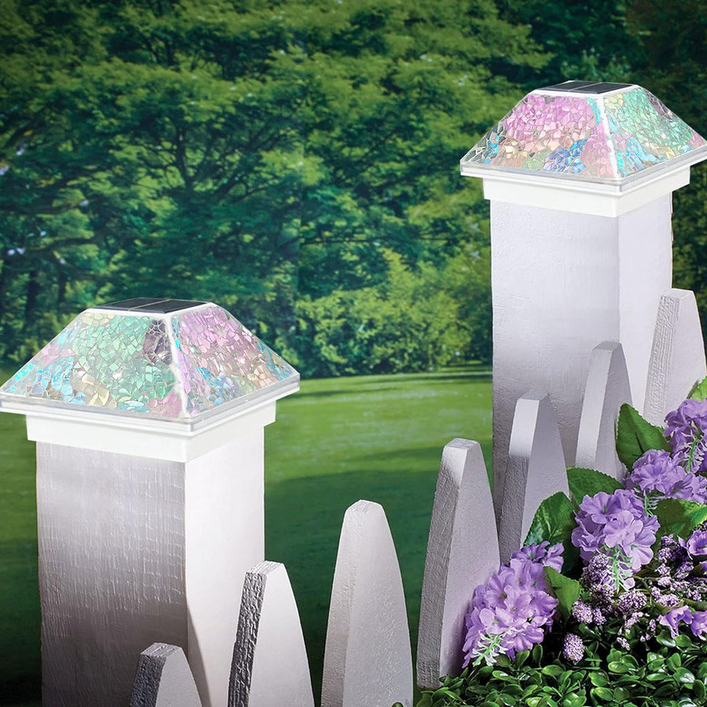 Mosaic Solar Post Cap Lights Outdoor Crackled Glass Weatherproof LED Cyan Blue N4523
