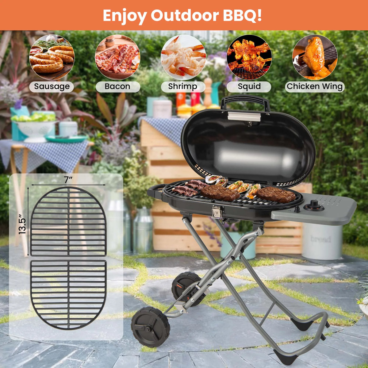 Portable Propane Gas Grill with Wheels & Side Shelf Z28209