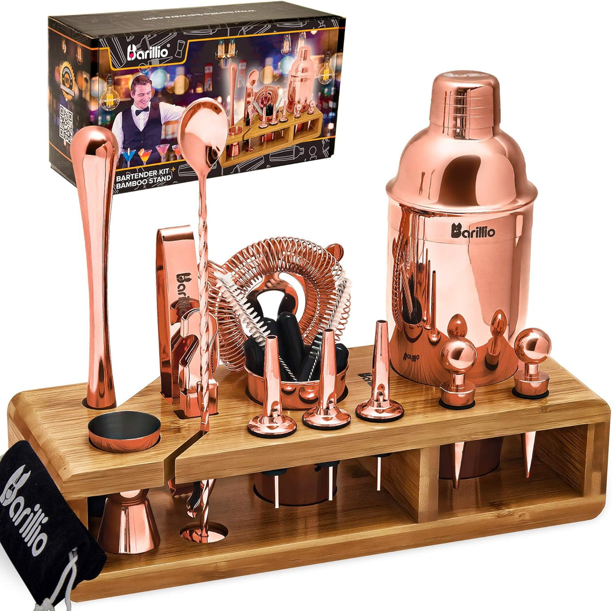 23-Piece Stainless Steel Bartender Kit with Bamboo Stand Q1414