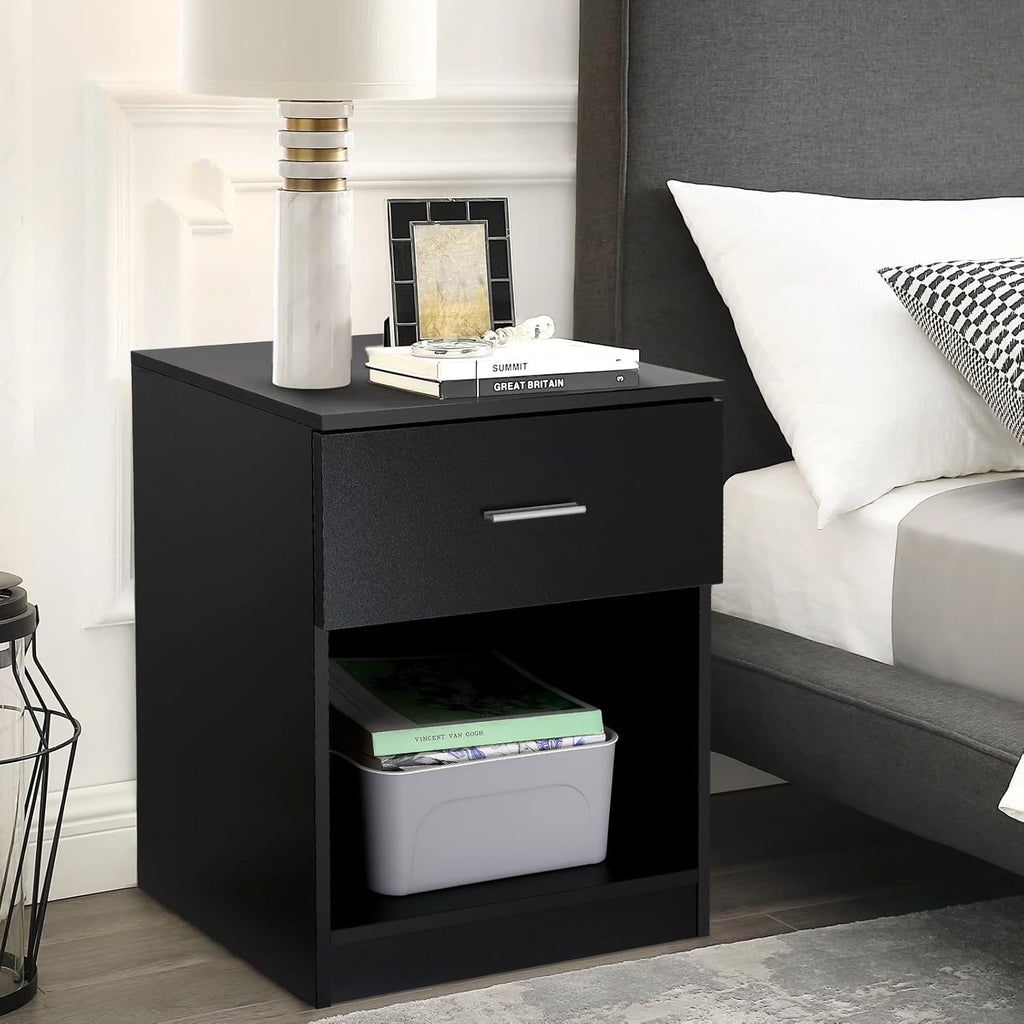 Black Nightstand with Drawer and Shelf U669