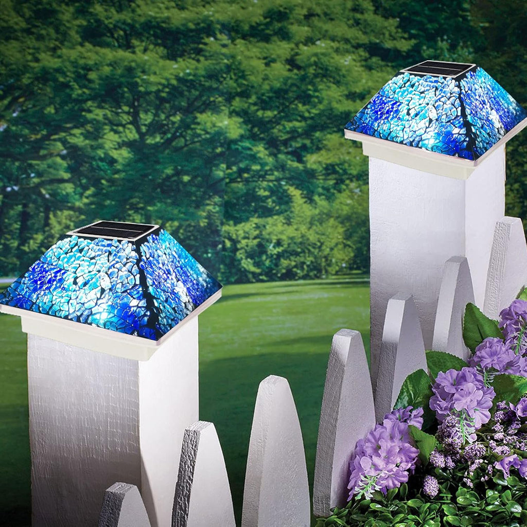 Mosaic Solar Post Cap Lights Outdoor Crackled Glass Weatherproof LED Cyan Blue N4523