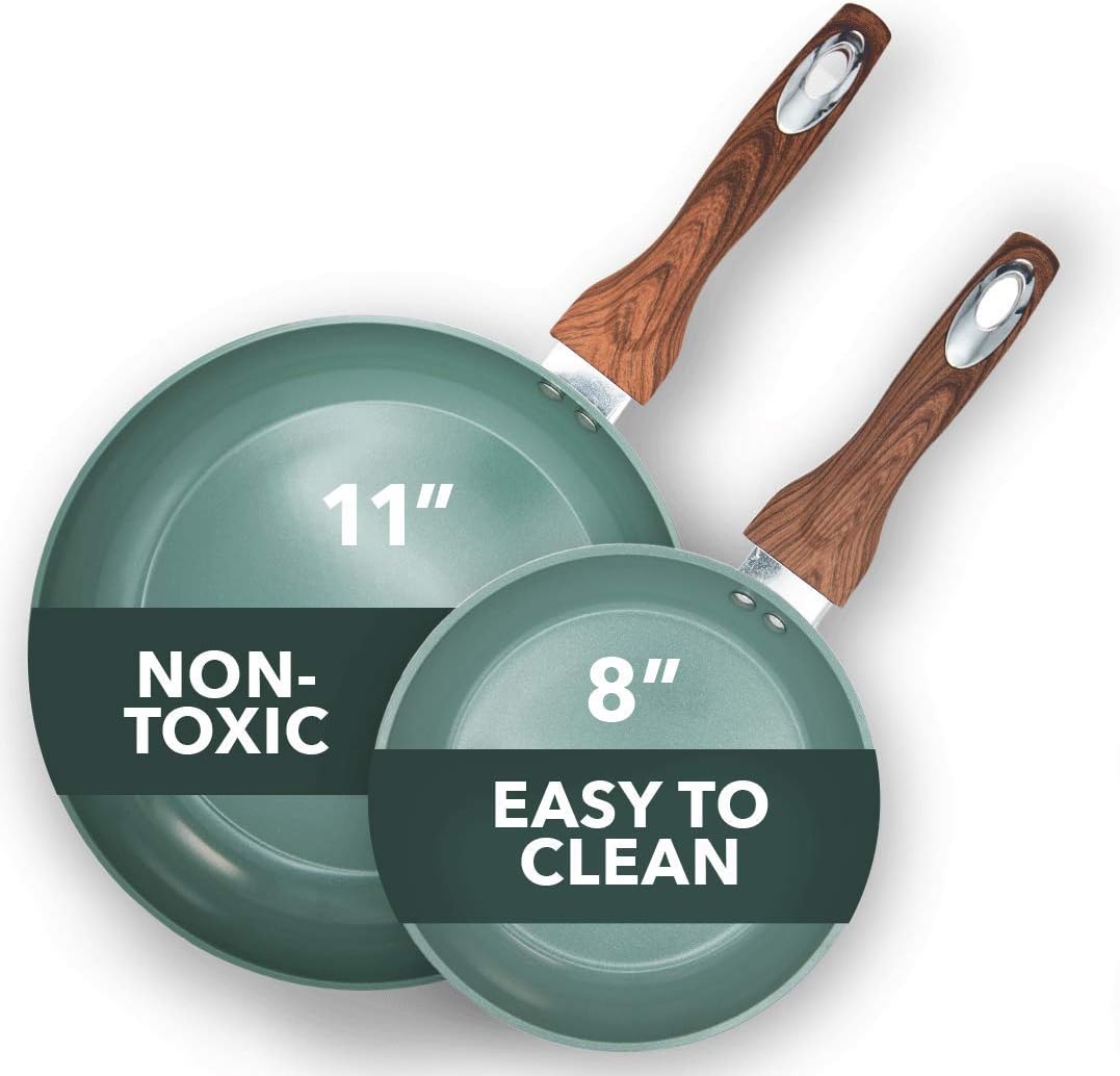 Aluminum Nonstick Ceramic Frying Pan Set 8 Inch and 11 Inch Green R428