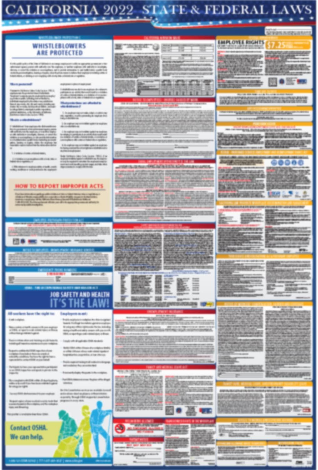 California State and Federal Labor Laws Poster English & Spanish 24 x 36 Laminated F3077