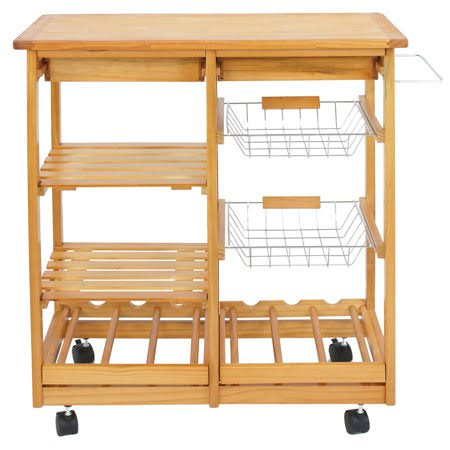 Rolling Wooden Kitchen Cart with Drawers and Steel Baskets U984